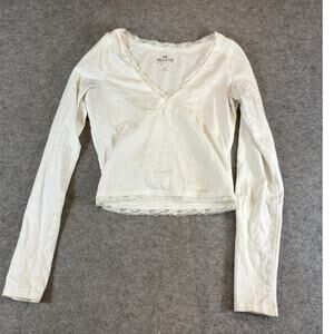 Hollister Cropped Top Womens Small White Lace Trim Long Sleeve Baby Tee Y2K